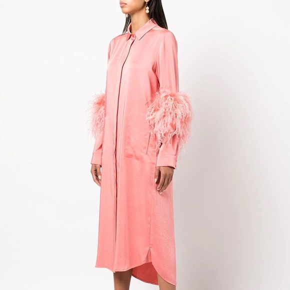 Lapointe Feather-trimmed Satin Midi Shirt Dress - Picture 3 of 12